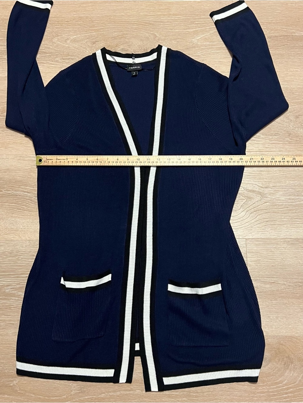 Torrid Navy Ribbed Varsity Open Front Duster Cardigan Plus Size 2X Cozy Classic - Picture 5 of 8
